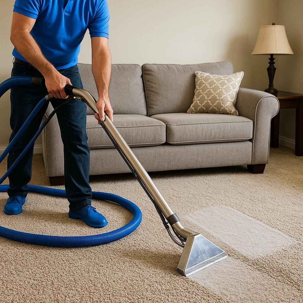 Professional carpet cleaning with hot water extraction in a Mesa living room